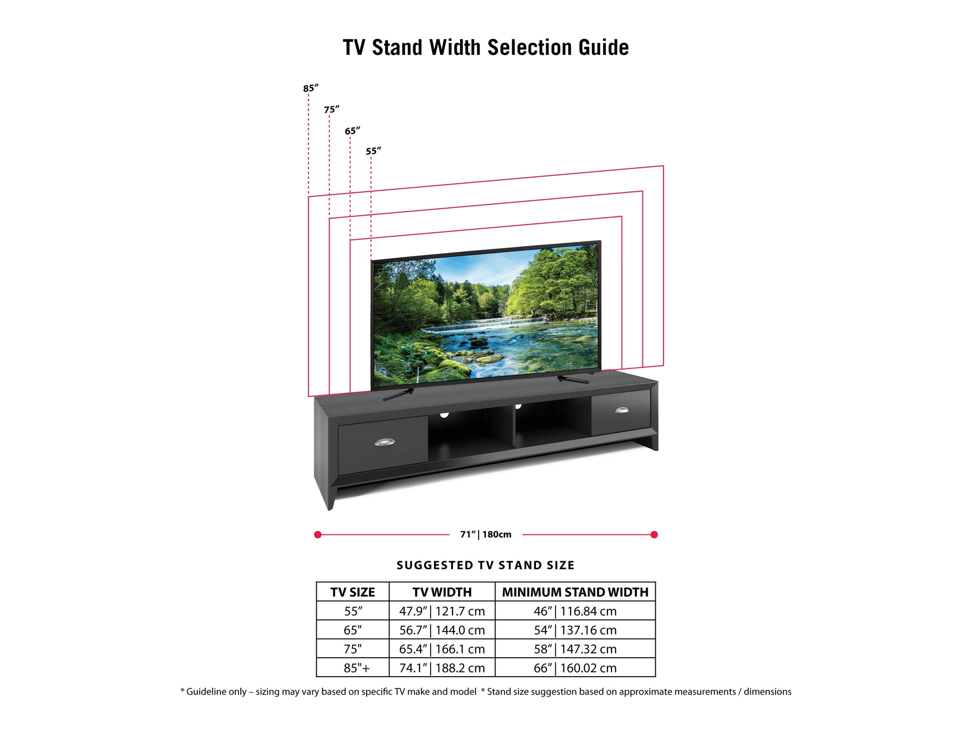 Black TV stand for TVs up to 85 inches, featuring sleek black finish, sturdy metal frame, tempered glass shelves, and cable management system. Ideal for modern living rooms and home theaters.