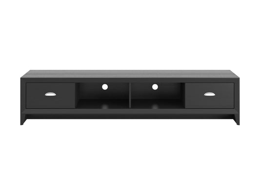 Black TV stand for TVs up to 85 inches, featuring sleek black finish, sturdy metal frame, tempered glass shelves, and cable management system. Ideal for modern living rooms and home theaters.