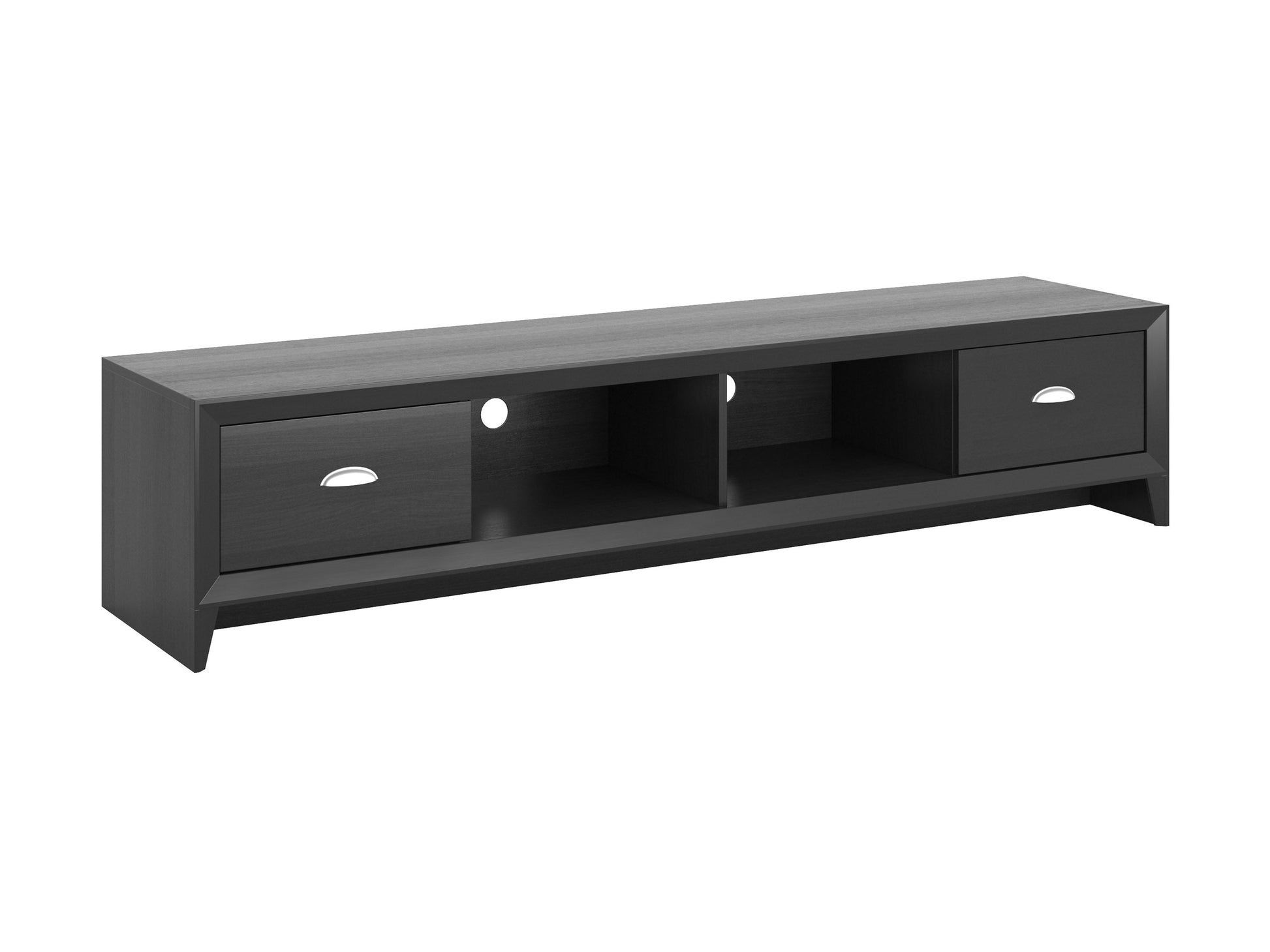 Black TV stand for TVs up to 85 inches, featuring sleek black finish, sturdy metal frame, tempered glass shelves, and cable management system. Ideal for modern living rooms and home theaters.