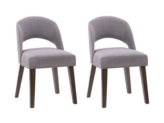 Set of 2 grey mid-century dining chairs with cushioned seats, wooden legs, and sleek design, perfect for modern dining rooms or kitchens.