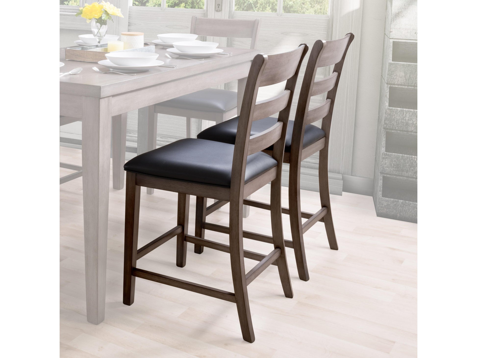 Modern counter height dining chairs, set of 2, featuring sleek black metal legs and cushioned seats with light grey fabric upholstery, perfect for contemporary dining spaces.