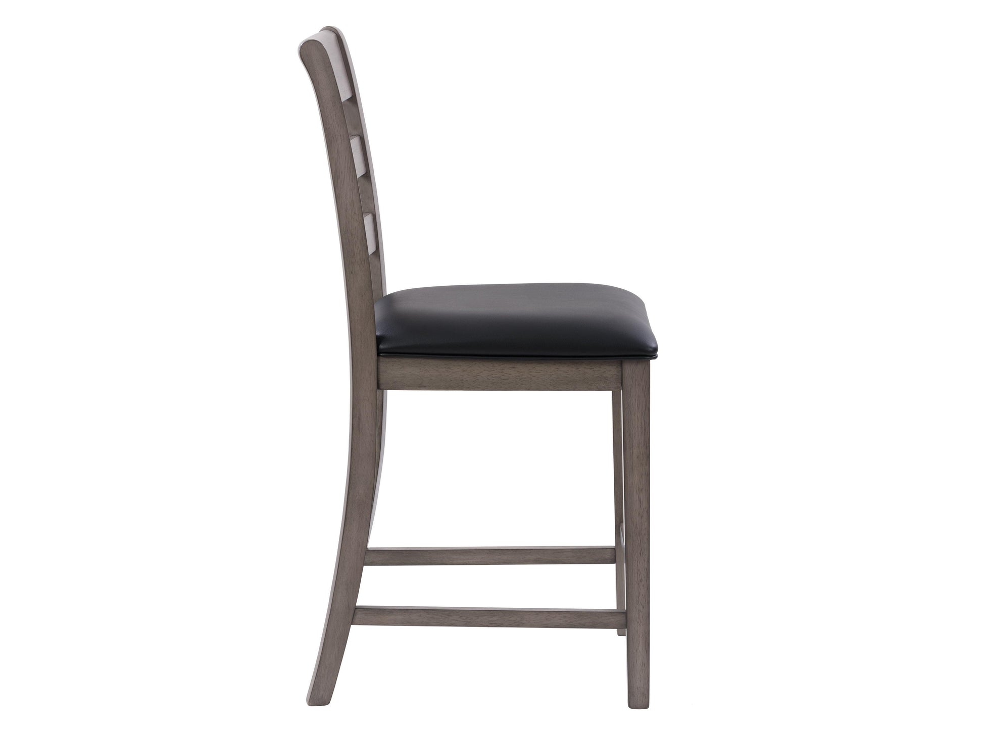 Gray upholstered counter height dining chairs with tufted backs, dark wooden legs, and footrests, set of 2.