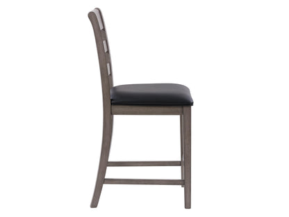 Gray upholstered counter height dining chairs with tufted backs, dark wooden legs, and footrests, set of 2.