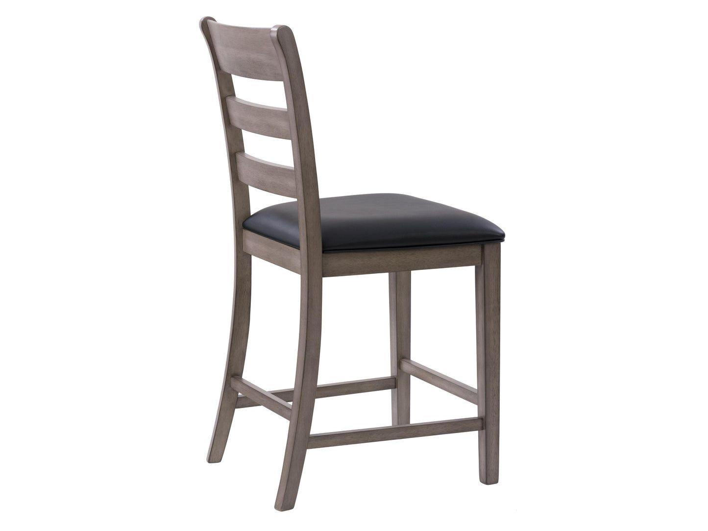 Set of 2 counter height dining chairs with light grey fabric upholstery, tufted backrests, and dark wooden legs. Ideal for modern dining rooms or kitchen counters.