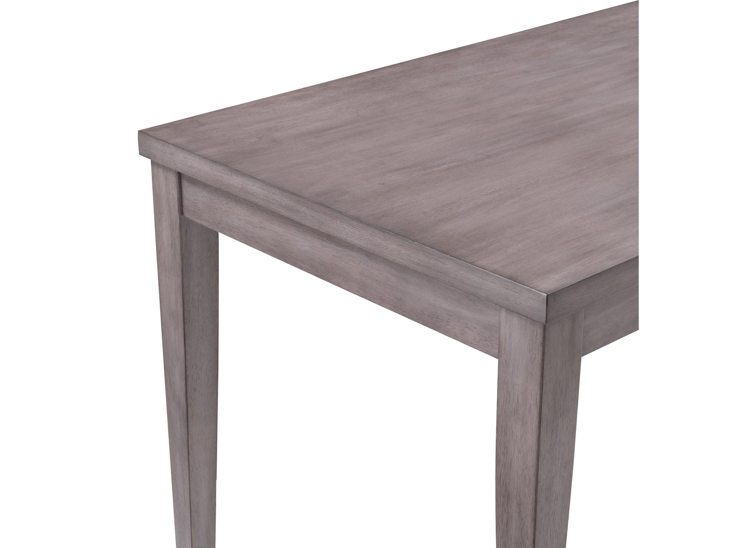 Counter height grey wood dining table with a smooth rectangular top, sturdy wooden legs, and a modern minimalist design. Perfect for contemporary dining spaces.