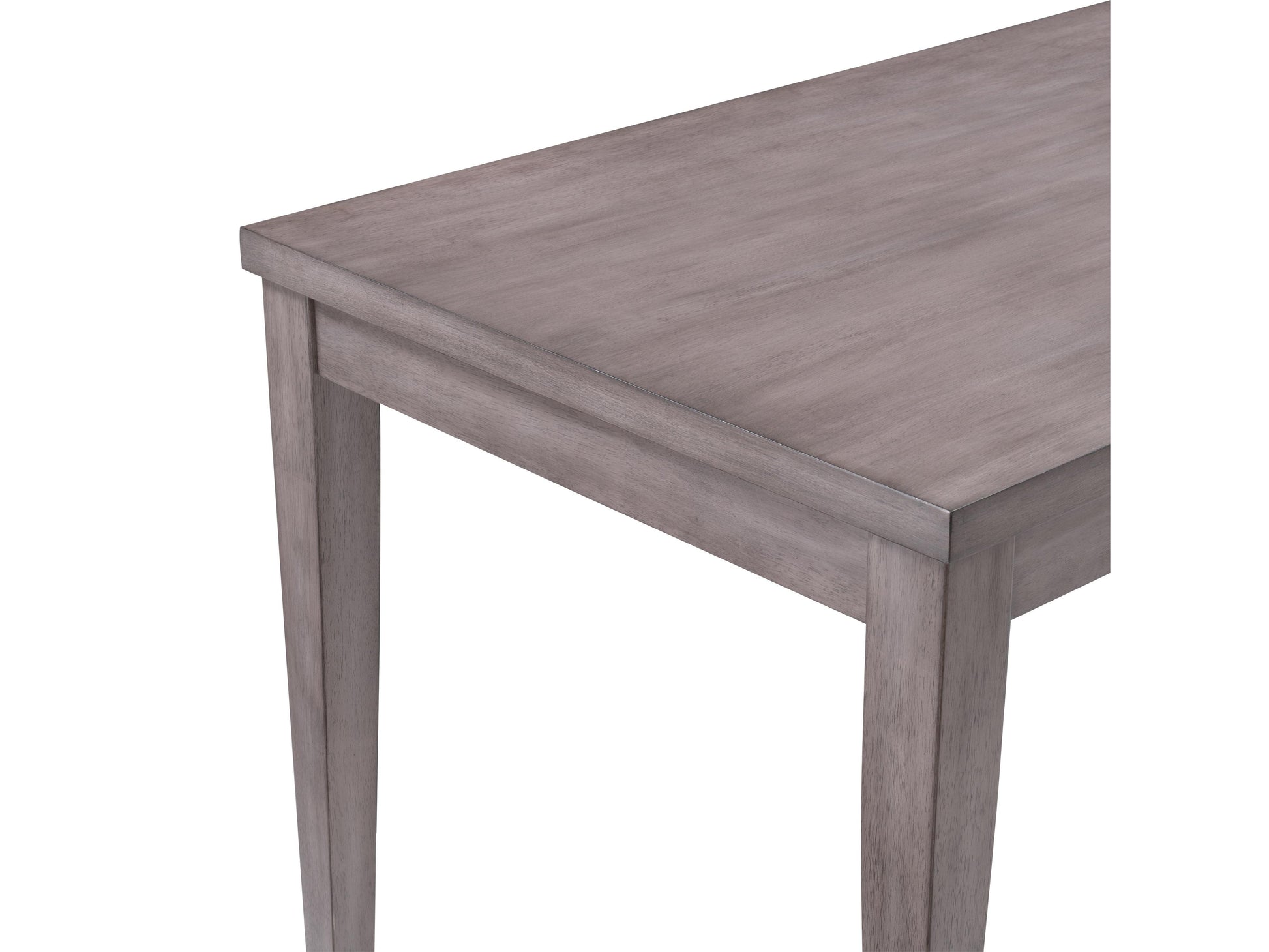 Counter height grey wood dining table with a smooth rectangular top, sturdy wooden legs, and a modern minimalist design. Perfect for contemporary dining spaces.