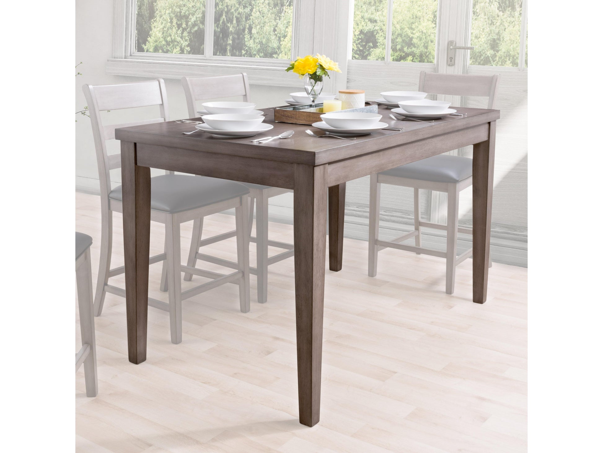 Grey wood dining table, counter height, with a smooth surface, sturdy square legs, and a minimalist design, perfect for modern dining rooms or kitchens.
