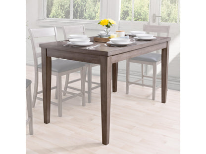 Grey wood dining table, counter height, with a smooth surface, sturdy square legs, and a minimalist design, perfect for modern dining rooms or kitchens.