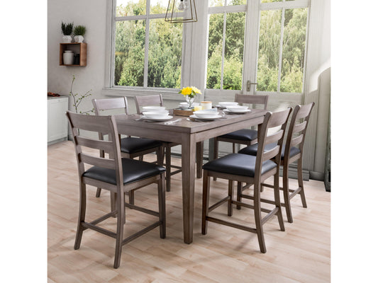Counter height grey wood dining table with a smooth finish, featuring a sturdy rectangular top and sleek legs, perfect for modern dining spaces.