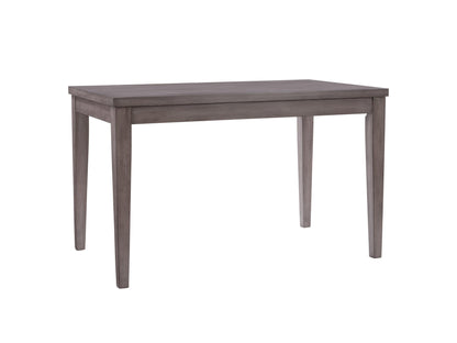 Grey wood counter height dining table with sturdy legs, smooth textured finish, and modern design. Ideal for contemporary dining spaces.