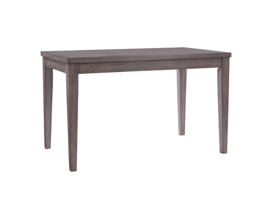Grey wood counter height dining table with sturdy legs, smooth textured finish, and modern design. Ideal for contemporary dining spaces.