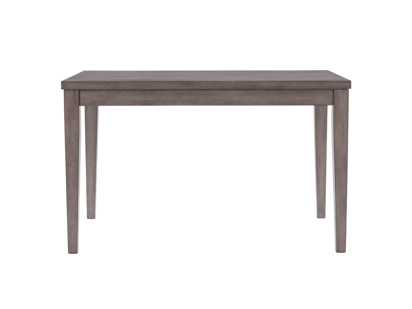 Grey wood counter height dining table with sleek rectangular design, sturdy legs, and smooth finish, perfect for modern dining spaces.
