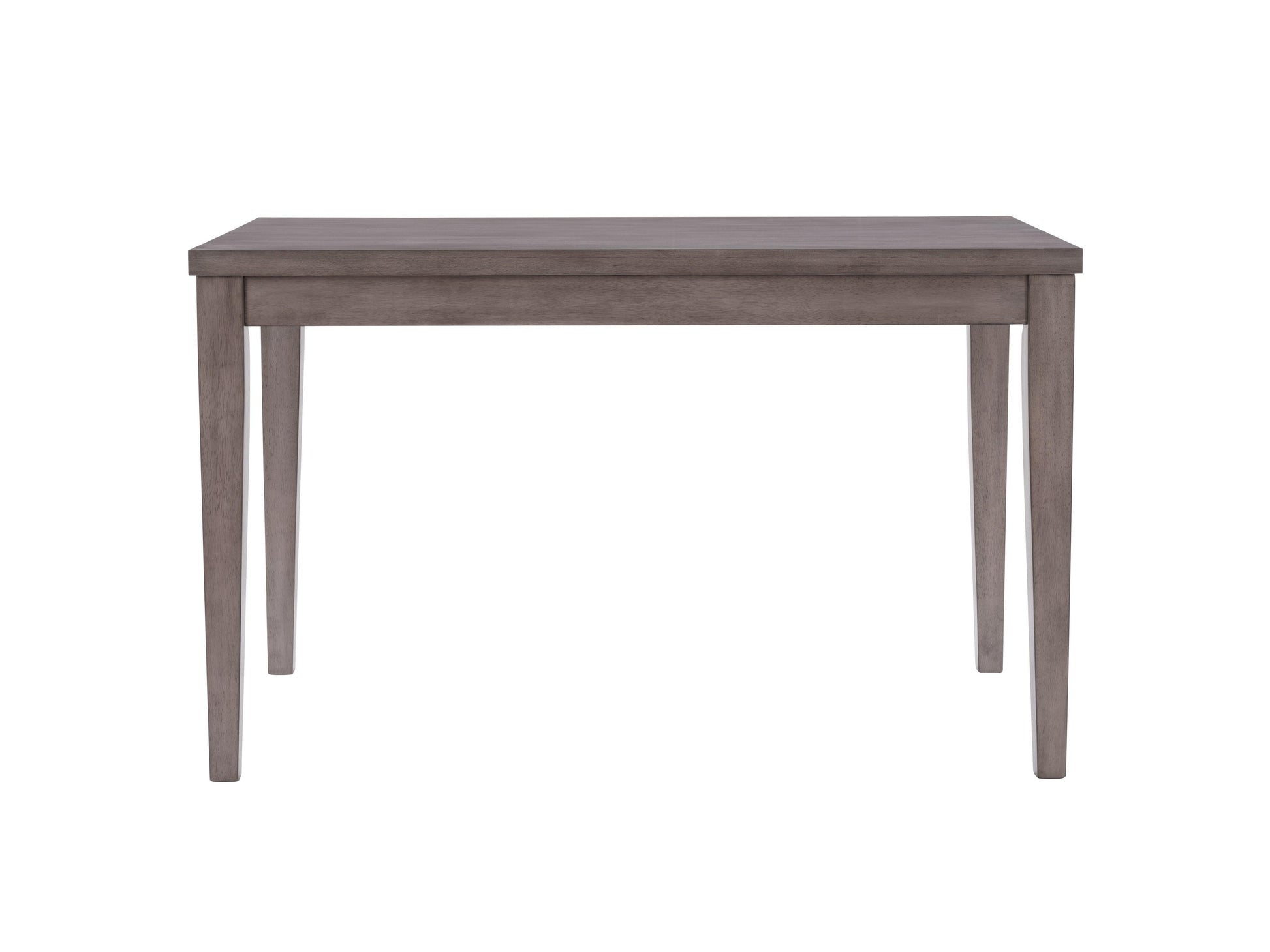 Grey wood counter height dining table with sleek rectangular design, sturdy legs, and smooth finish, perfect for modern dining spaces.
