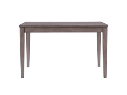 Grey wood counter height dining table with sleek rectangular design, sturdy legs, and smooth finish, perfect for modern dining spaces.