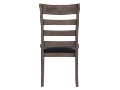 Set of 2 grey wood dining chairs with cushioned seats, featuring a sleek, modern design with slatted backs, perfect for contemporary dining rooms.