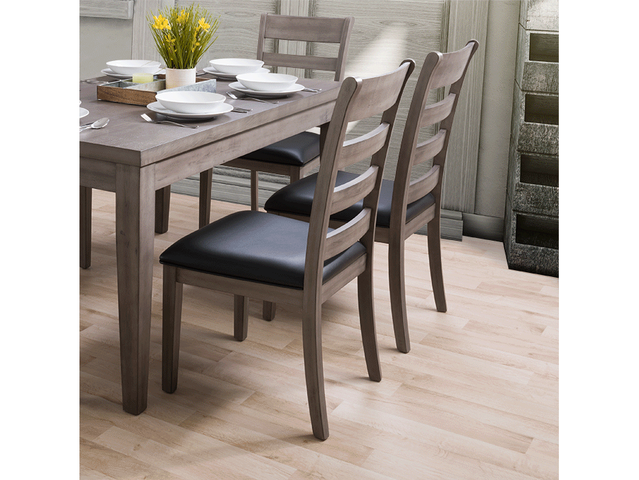 Set of two grey wood dining chairs featuring a sleek, modern design with cushioned seats, smooth grey finish, and sturdy wooden legs. Ideal for contemporary dining rooms or kitchens.