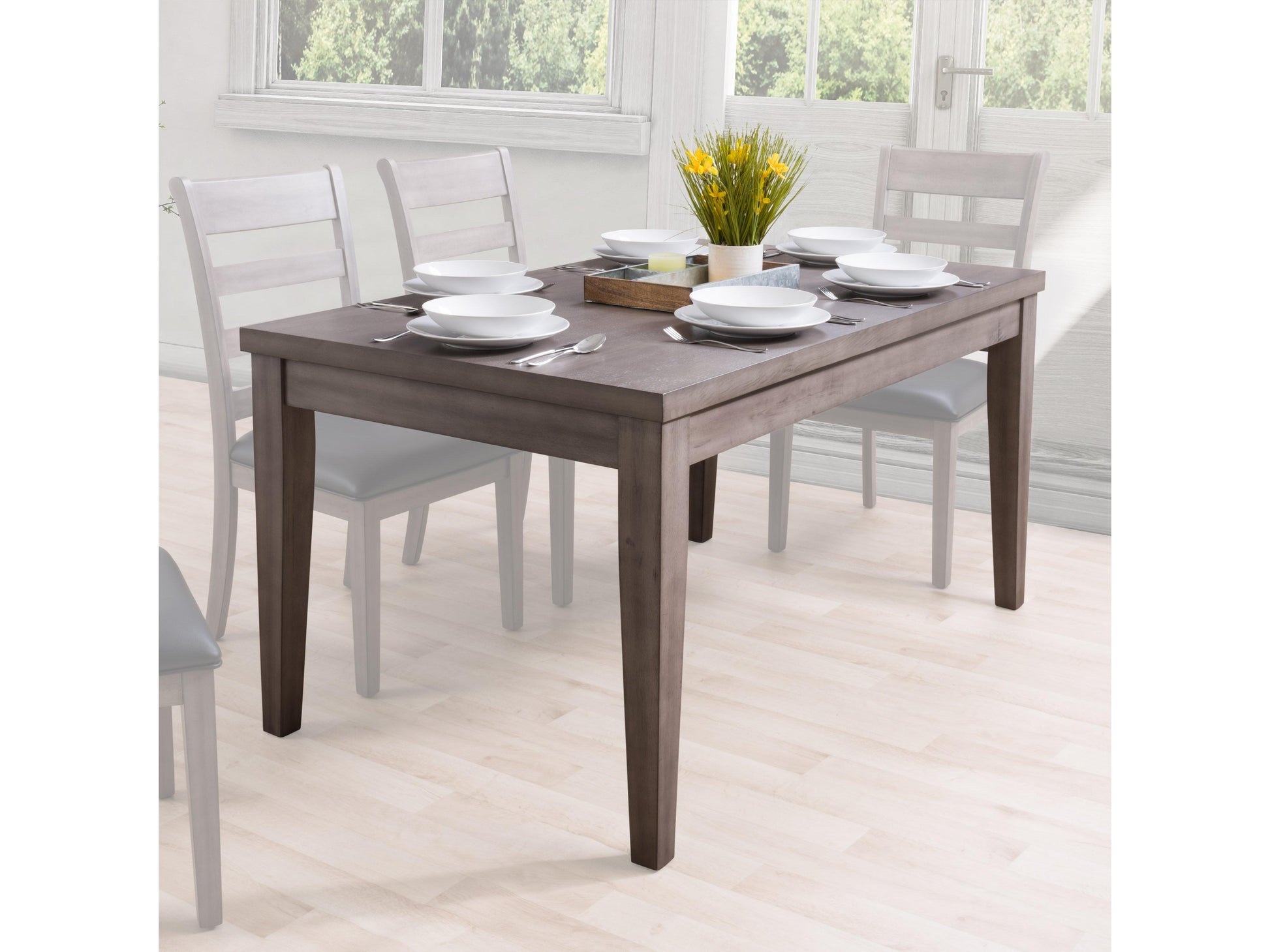 Rustic wooden dining table with natural finish, featuring sturdy legs and a smooth, spacious surface, perfect for family meals or gatherings. Ideal for farmhouse or modern decor styles.