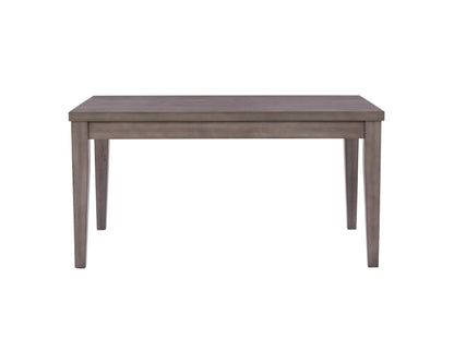 Rustic wooden dining table with natural finish, rectangular shape, and sturdy metal legs. Ideal for modern farmhouse decor, this table comfortably seats six and features a smooth, polished surface.