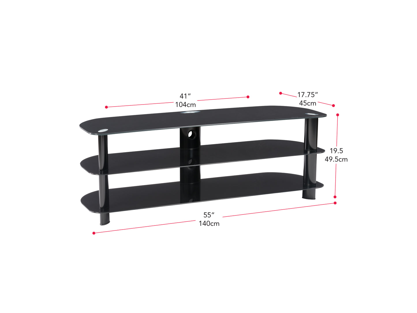 Glass TV stand with black metal frame, three tempered glass shelves, and sleek modern design, suitable for TVs up to 65 inches. Ideal for contemporary living rooms and entertainment spaces.