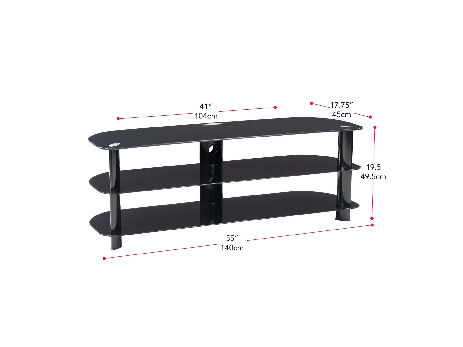 Glass TV stand with black metal frame, three tempered glass shelves, and sleek modern design, suitable for TVs up to 65 inches. Ideal for contemporary living rooms and entertainment spaces.