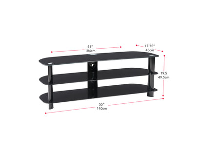 Glass TV stand with black metal frame, three tempered glass shelves, and sleek modern design, suitable for TVs up to 65 inches. Ideal for contemporary living rooms and entertainment spaces.