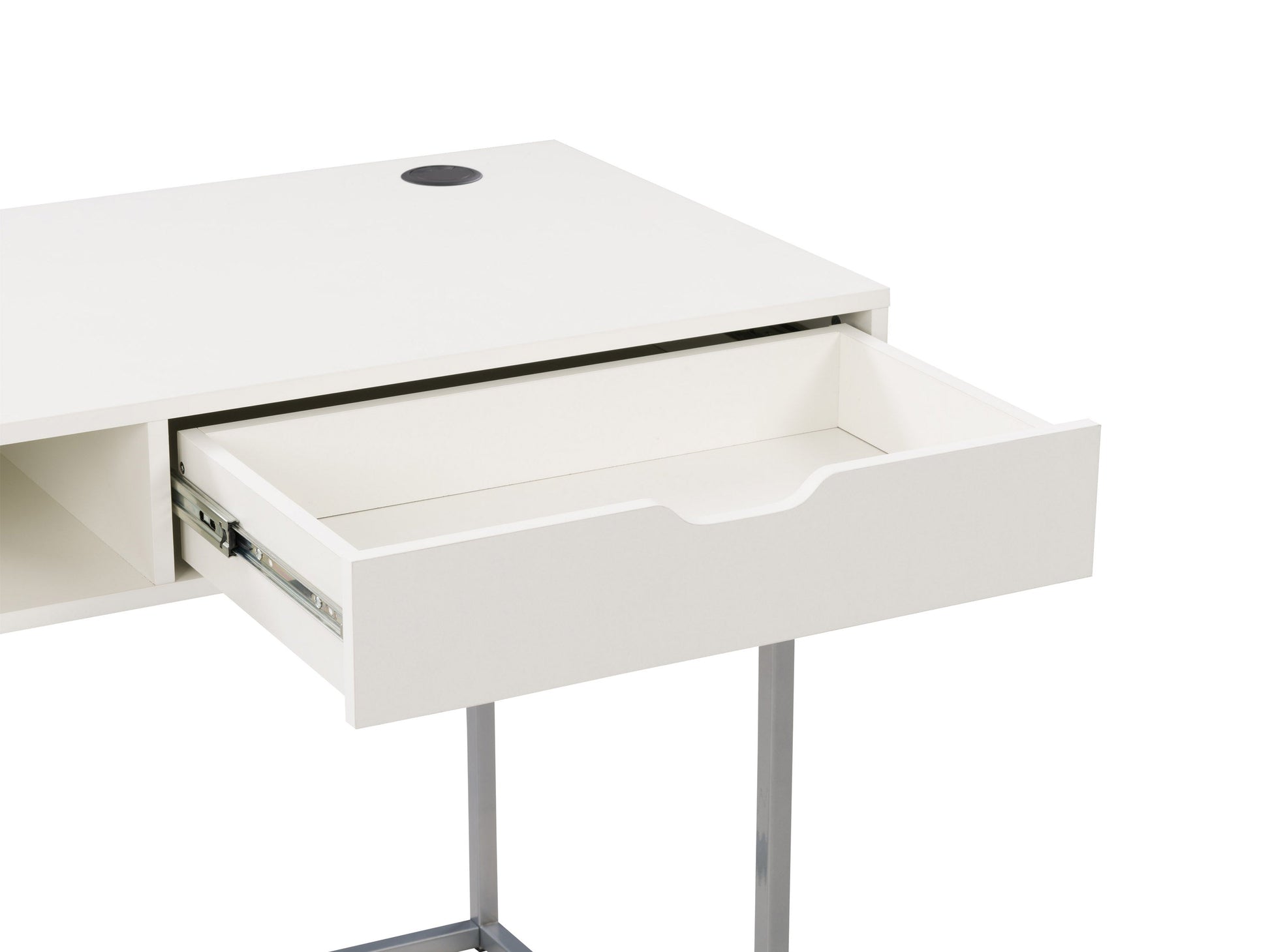 Modern white computer desk with sleek metal legs, spacious tabletop, built-in cable management, and minimalist design. Ideal for home office or study.