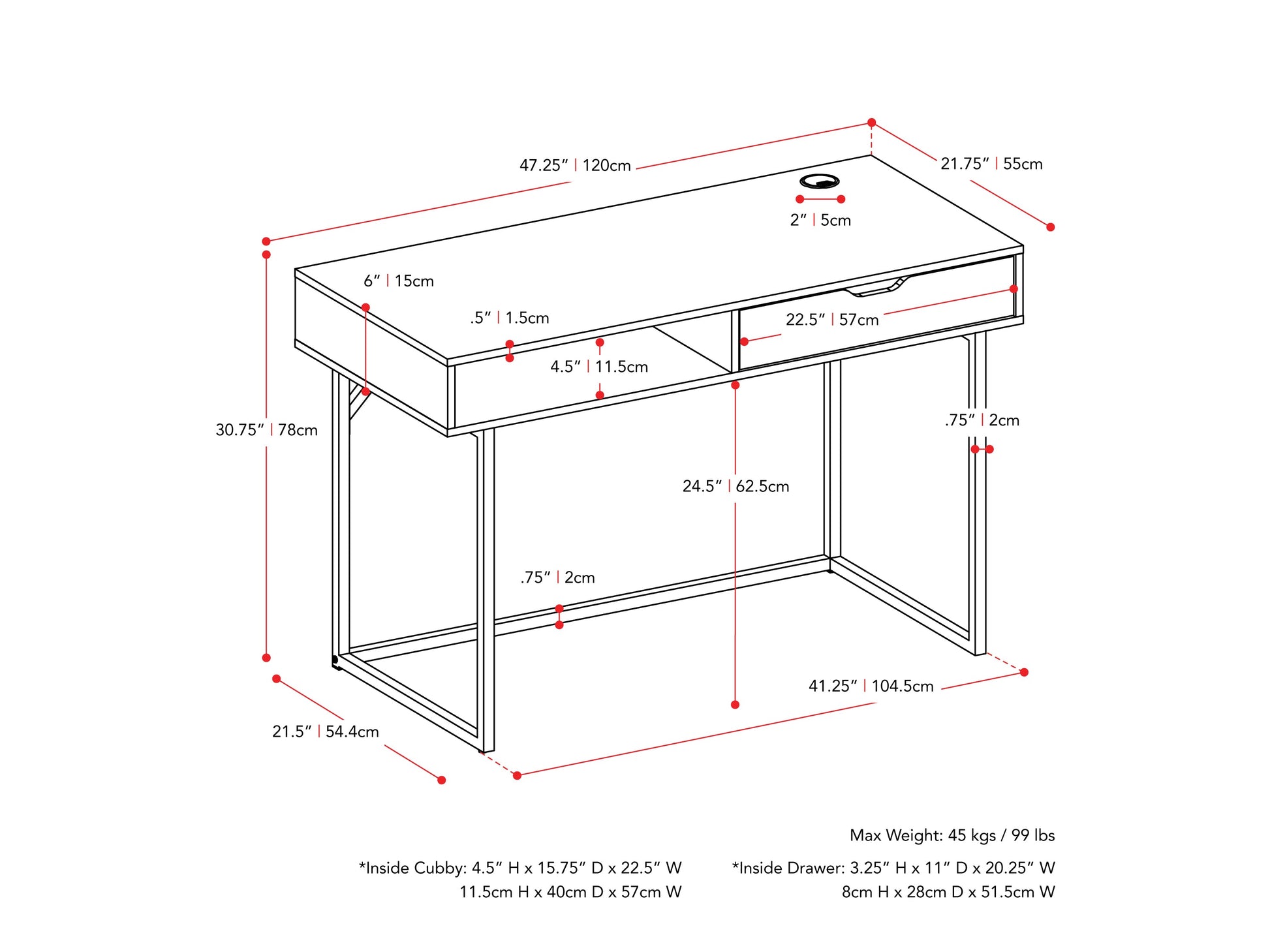 Modern white computer desk with sleek metal legs, spacious tabletop, built-in cable management, and minimalist design. Ideal for home office or study.