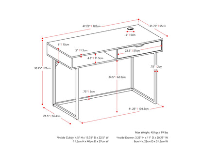 Modern white computer desk with sleek metal legs, spacious tabletop, built-in cable management, and minimalist design. Ideal for home office or study.
