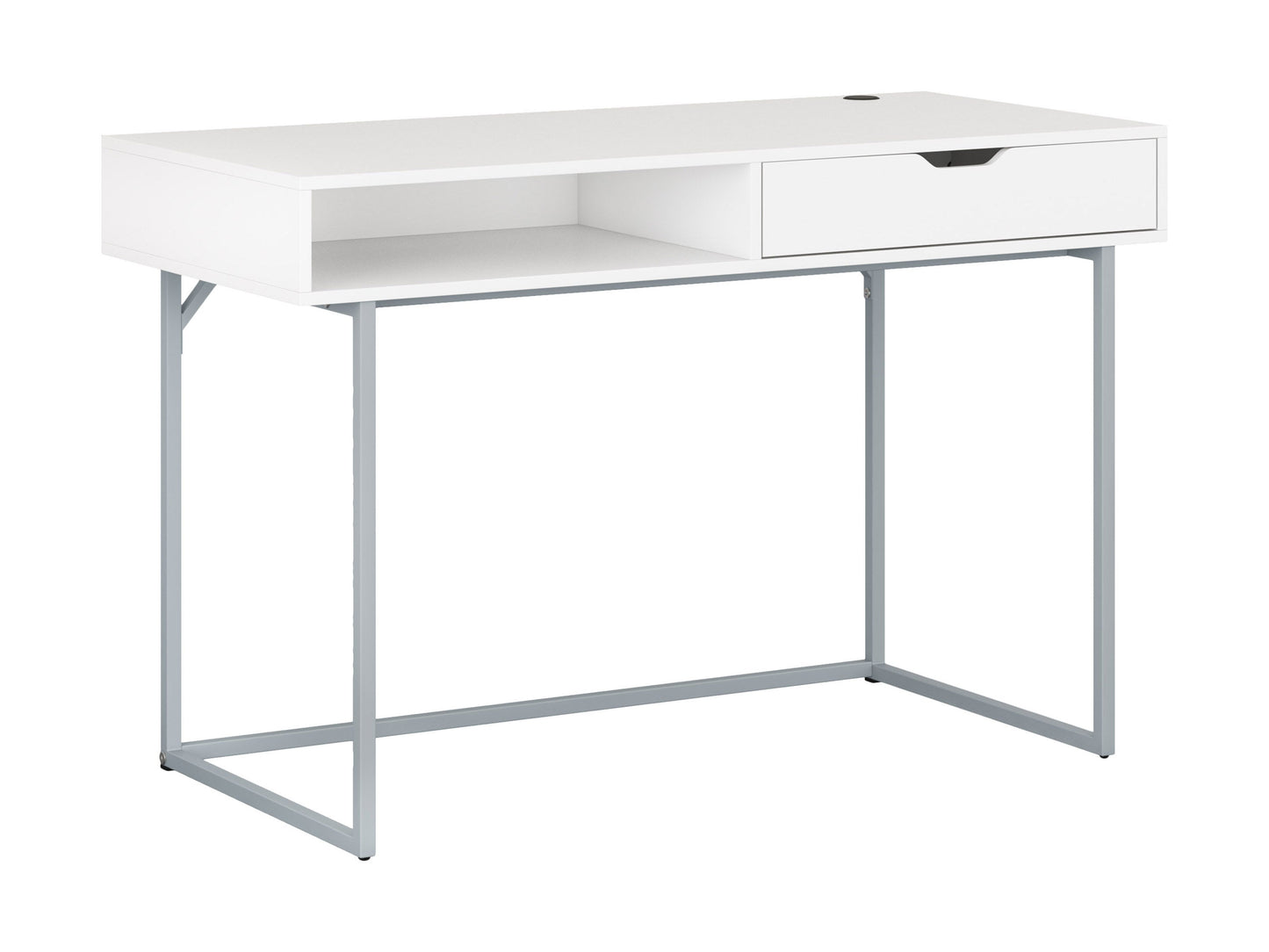 Modern white computer desk with sleek metal legs, spacious tabletop, built-in cable management, and minimalist design. Ideal for home office or study.