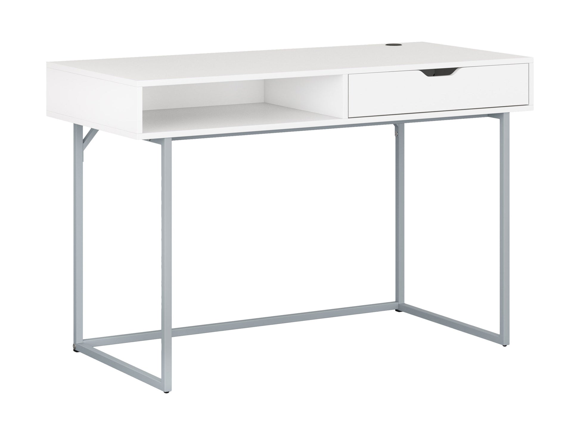 Modern white computer desk with sleek metal legs, spacious tabletop, built-in cable management, and minimalist design. Ideal for home office or study.