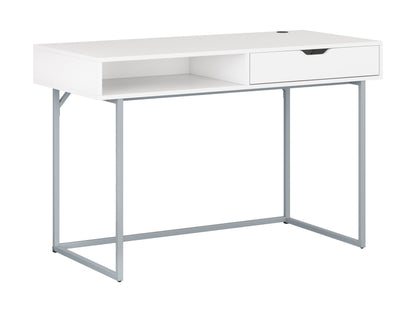Modern white computer desk with sleek metal legs, spacious tabletop, built-in cable management, and minimalist design. Ideal for home office or study.