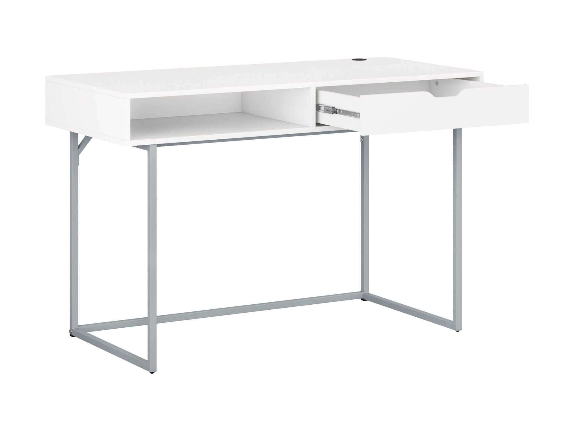 Modern white computer desk with sleek metal legs, spacious tabletop, built-in cable management, and minimalist design. Ideal for home office or study.