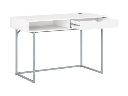 Modern white computer desk with sleek metal legs, spacious tabletop, built-in cable management, and minimalist design. Ideal for home office or study.