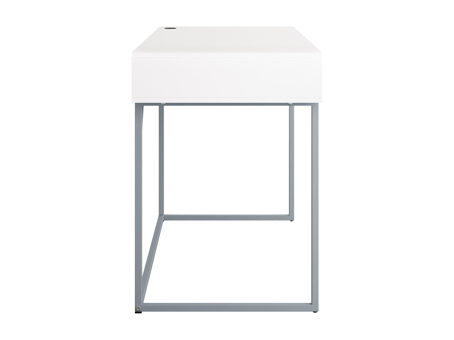 Modern white computer desk with sleek metal legs, spacious tabletop, built-in cable management, and minimalist design. Ideal for home office or study.