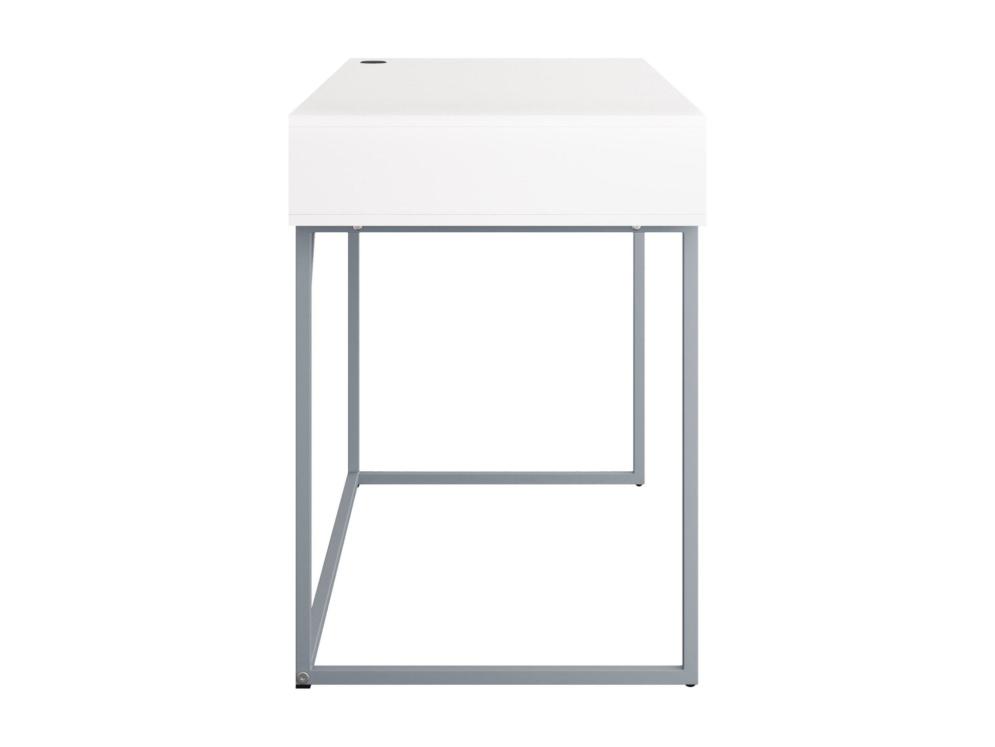 Modern white computer desk with sleek metal legs, spacious tabletop, built-in cable management, and minimalist design. Ideal for home office or study.