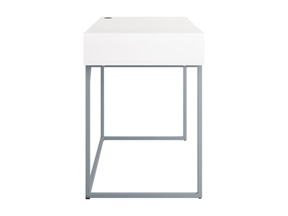 Modern white computer desk with sleek metal legs, spacious tabletop, built-in cable management, and minimalist design. Ideal for home office or study.