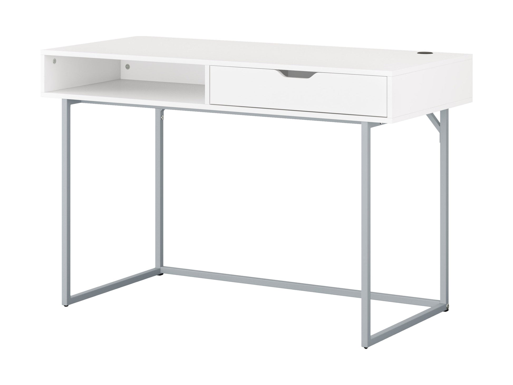Modern white computer desk with sleek metal legs, spacious tabletop, built-in cable management, and minimalist design. Ideal for home office or study.