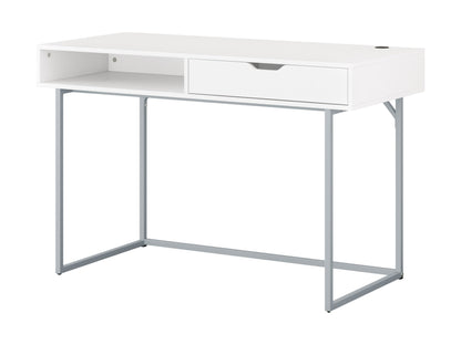 Modern white computer desk with sleek metal legs, spacious tabletop, built-in cable management, and minimalist design. Ideal for home office or study.