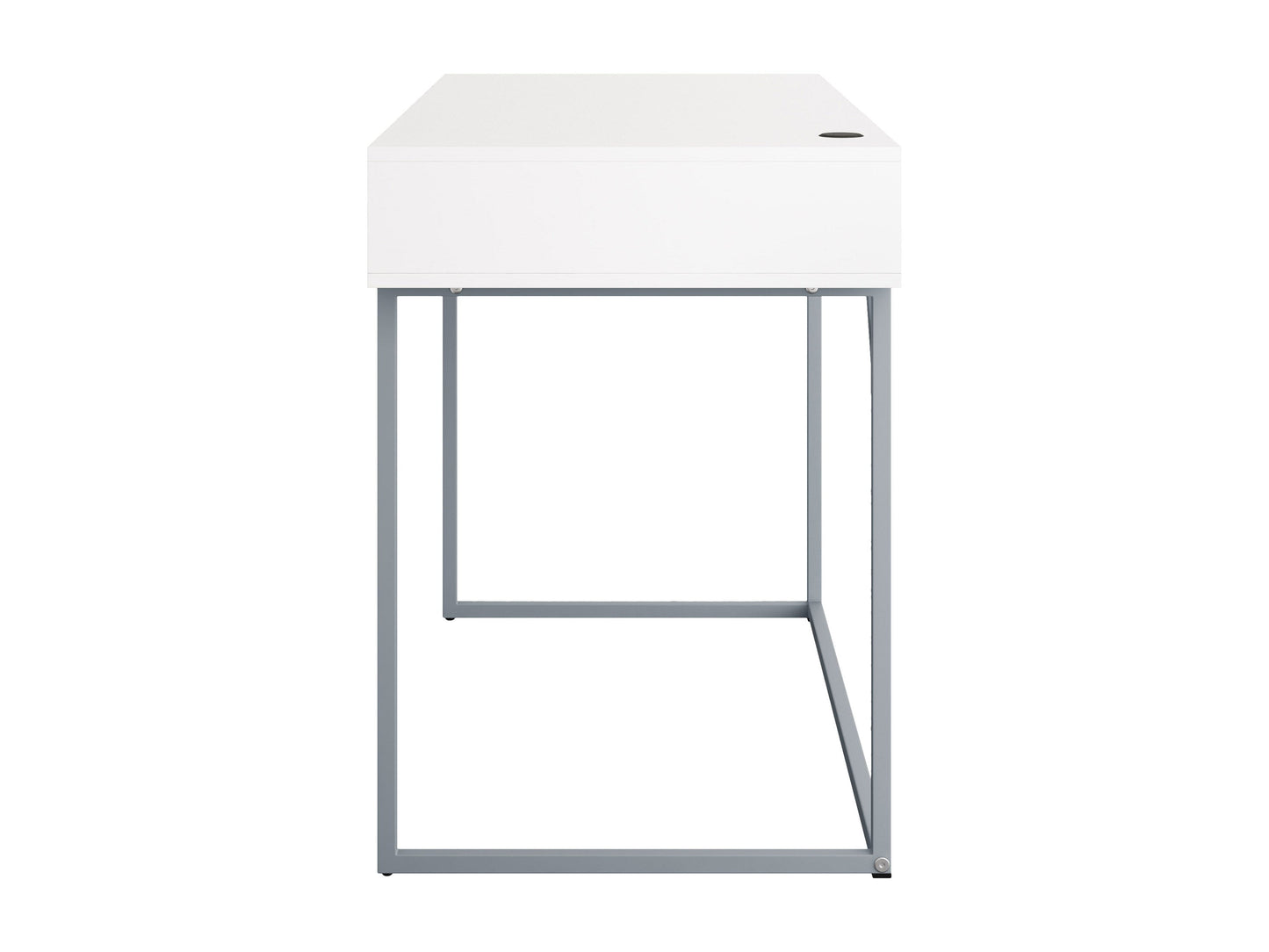 Modern white computer desk with sleek metal legs, spacious tabletop, built-in cable management, and minimalist design. Ideal for home office or study.