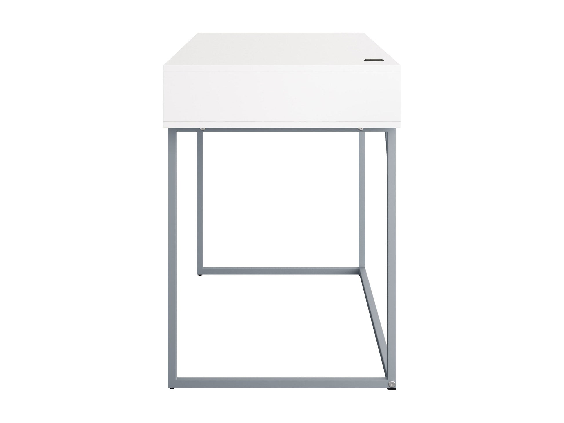 Modern white computer desk with sleek metal legs, spacious tabletop, built-in cable management, and minimalist design. Ideal for home office or study.