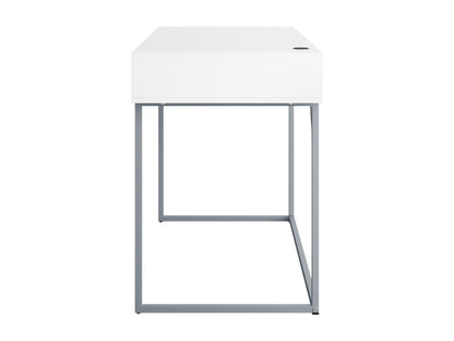 Modern white computer desk with sleek metal legs, spacious tabletop, built-in cable management, and minimalist design. Ideal for home office or study.