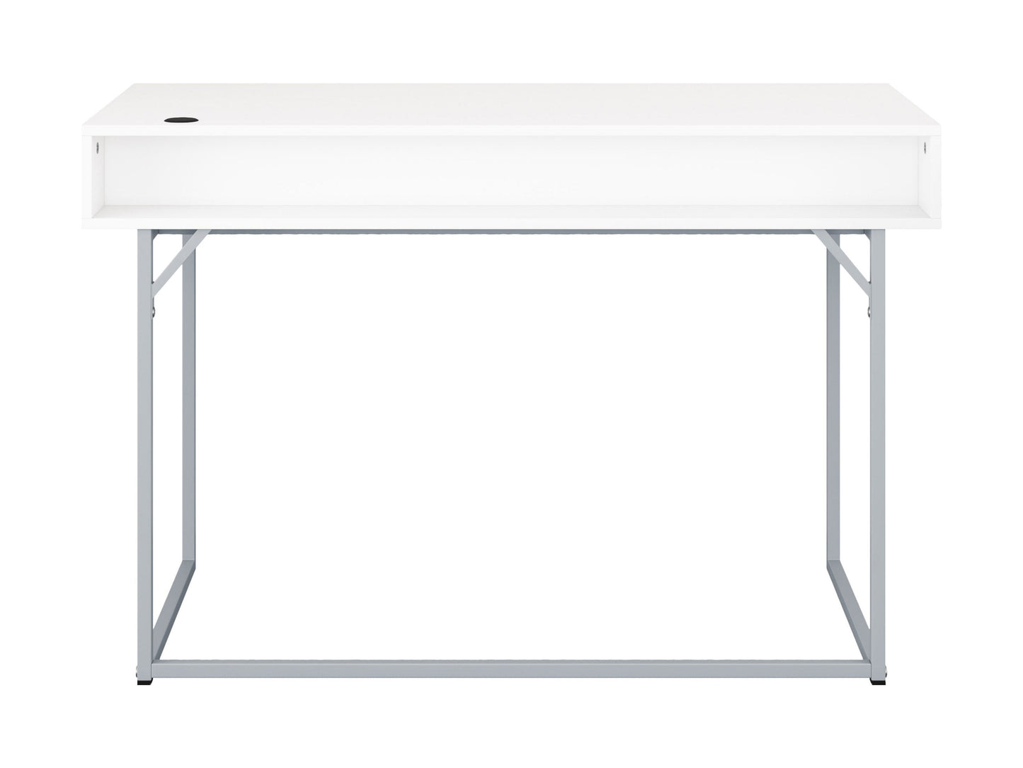 Modern white computer desk with sleek metal legs, spacious tabletop, built-in cable management, and minimalist design. Ideal for home office or study.