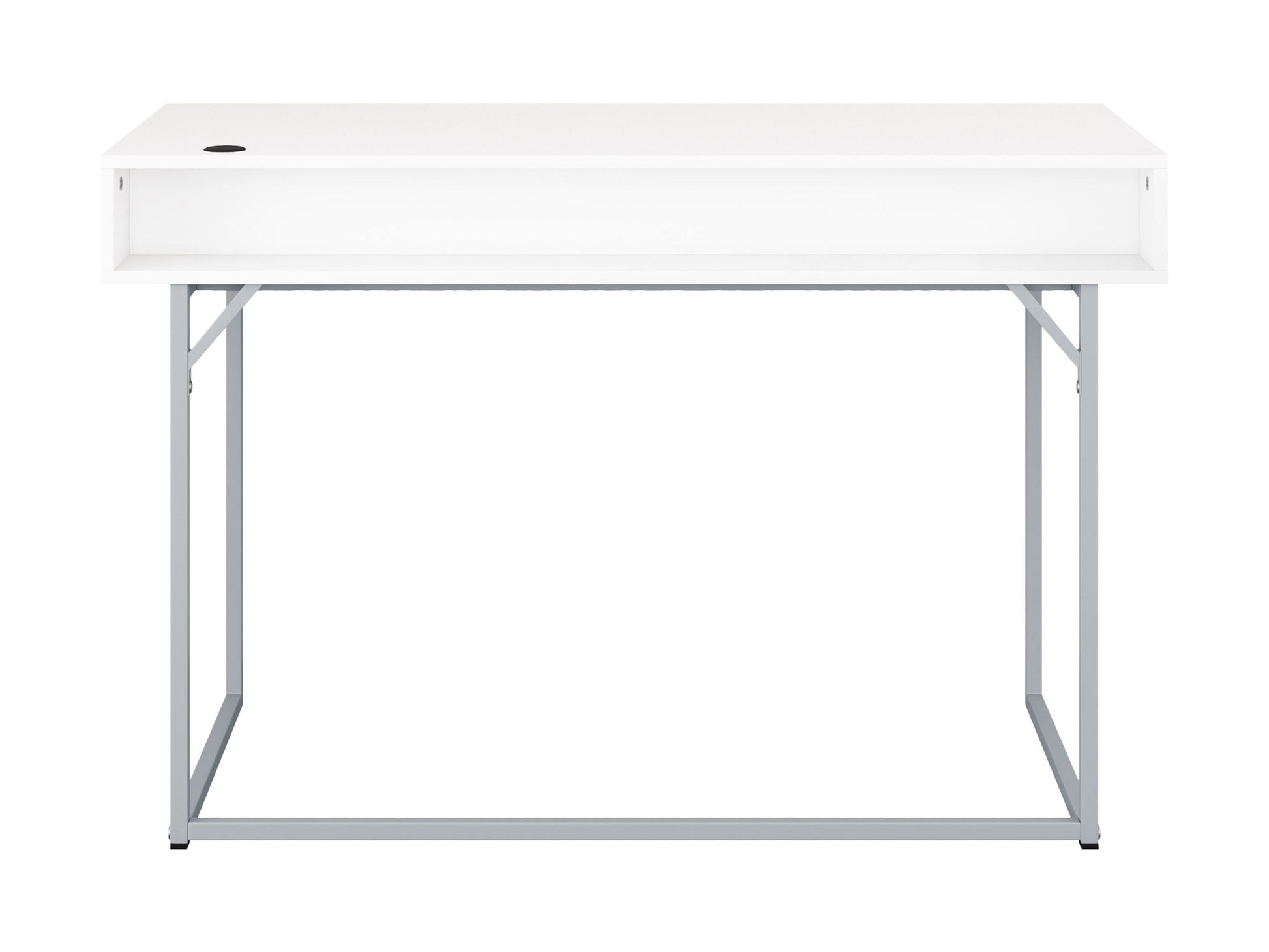 Modern white computer desk with sleek metal legs, spacious tabletop, built-in cable management, and minimalist design. Ideal for home office or study.