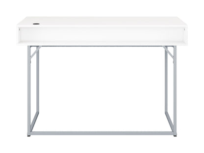 Modern white computer desk with sleek metal legs, spacious tabletop, built-in cable management, and minimalist design. Ideal for home office or study.