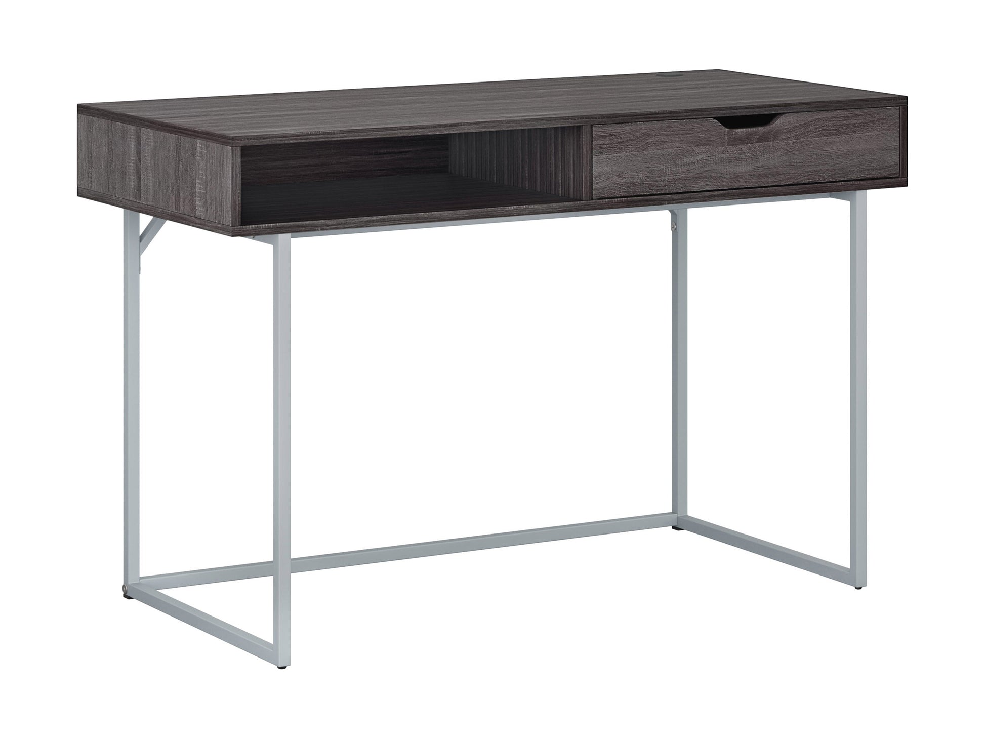 Sleek modern computer desk in grey with a smooth laminate surface, sturdy metal frame, and built-in cable management, ideal for home offices or workspaces.