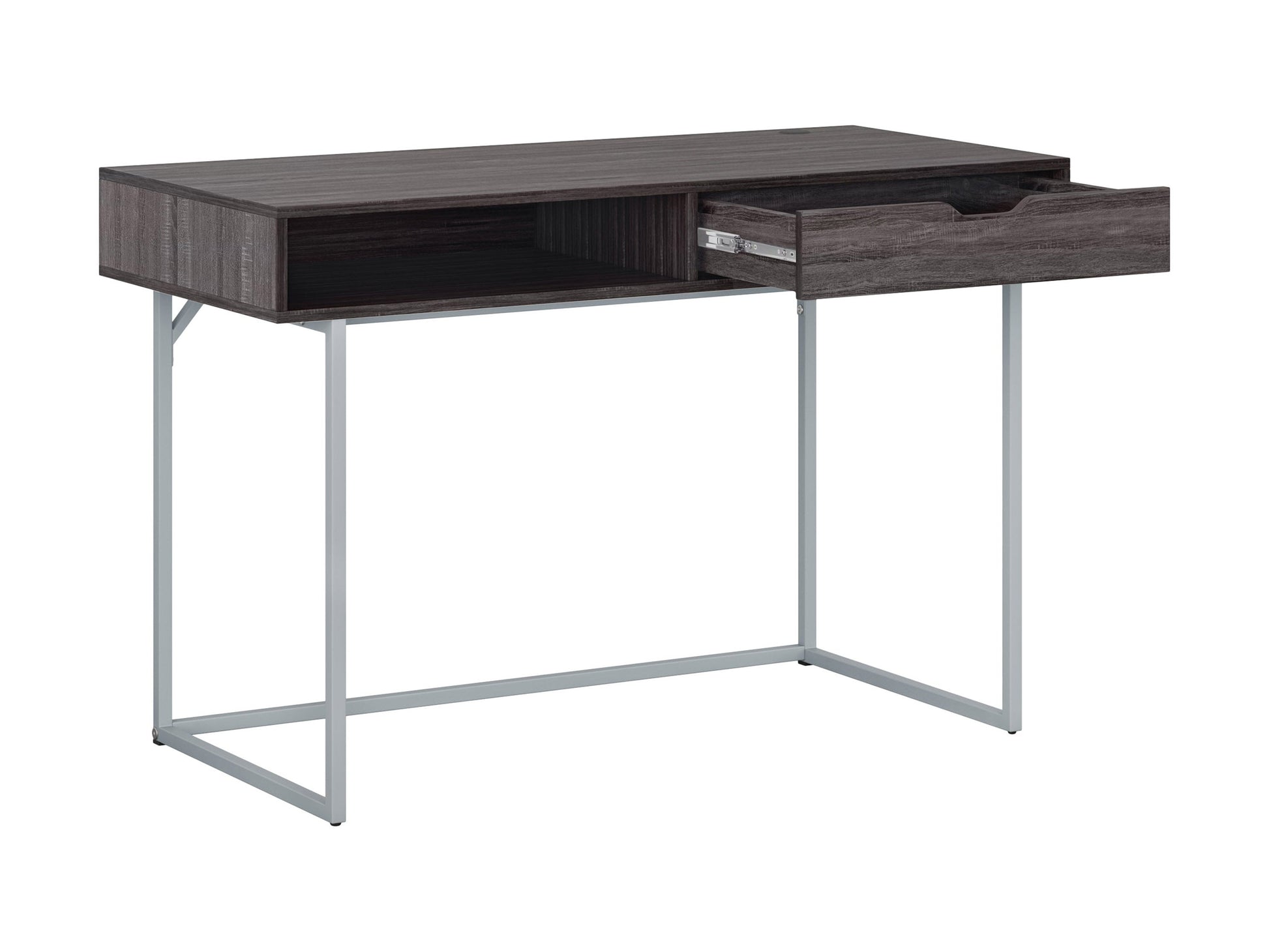Sleek modern computer desk in grey with a smooth laminate surface, sturdy metal frame, and built-in cable management, ideal for home offices or workspaces.