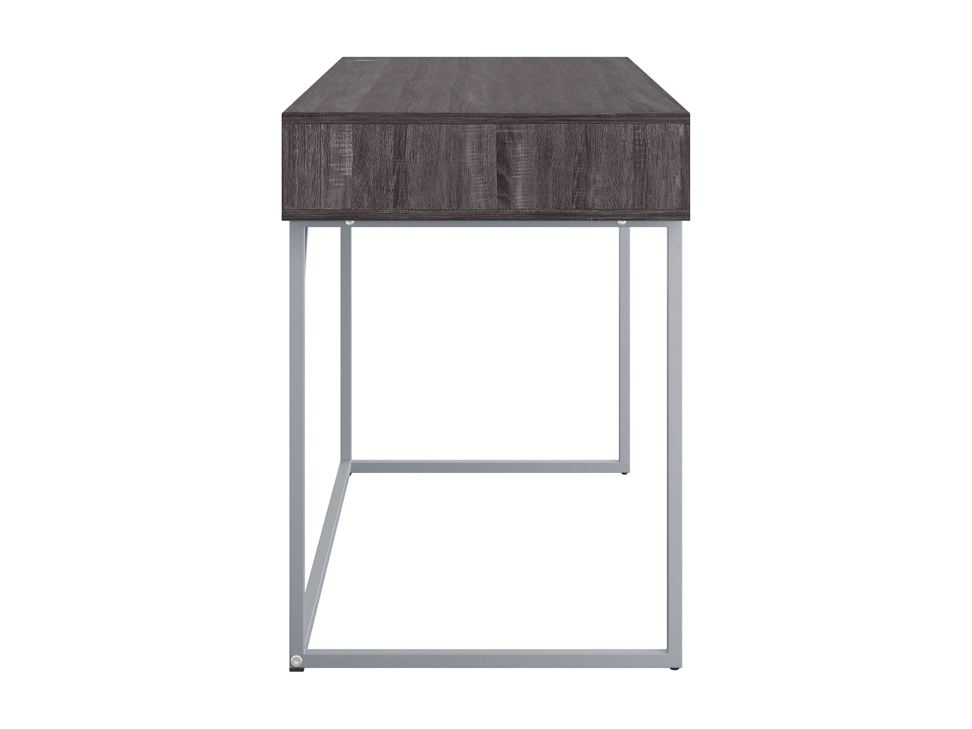 Sleek modern computer desk in grey with a smooth laminate surface, sturdy metal frame, and built-in cable management, ideal for home offices or workspaces.