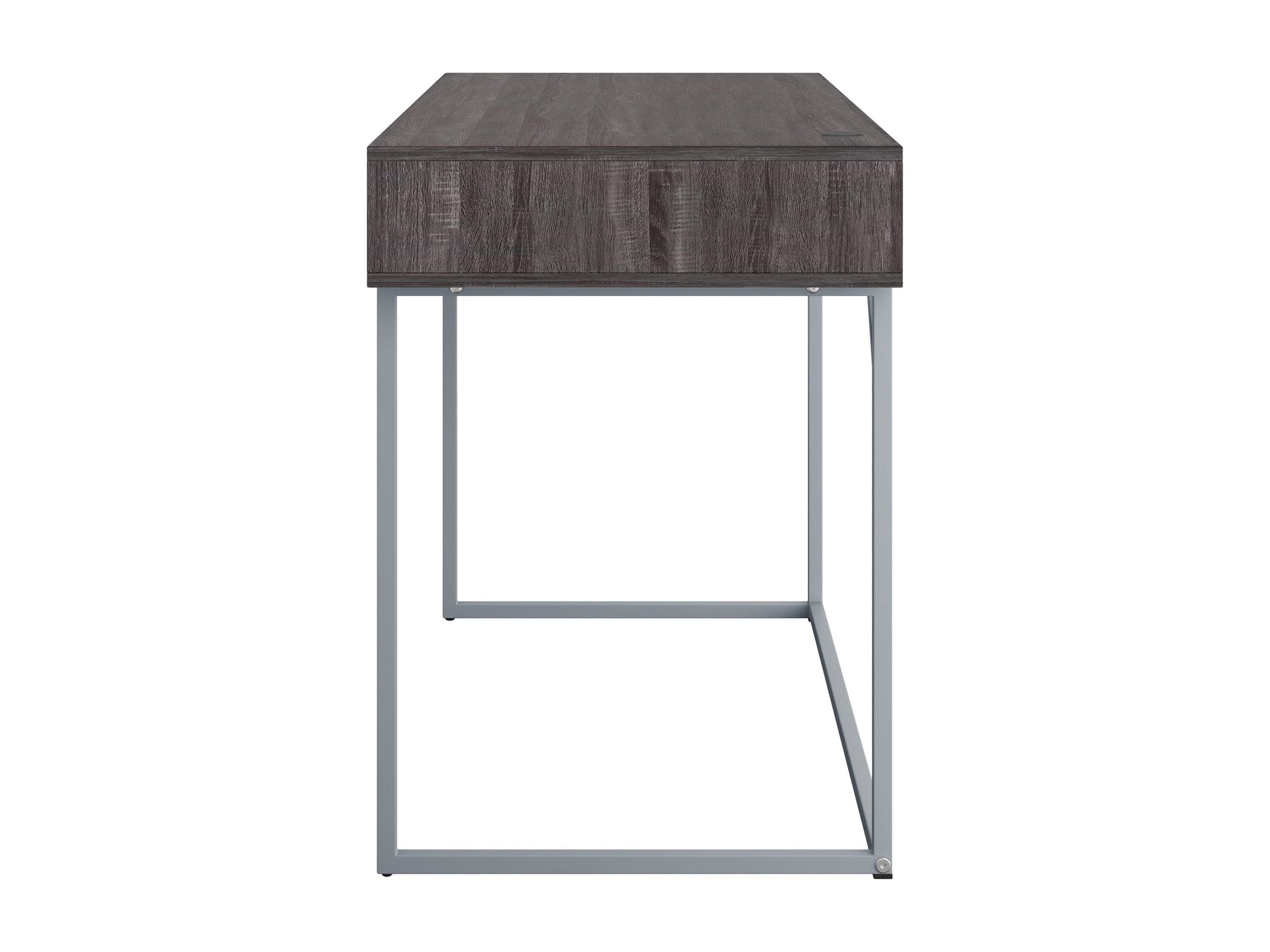 Sleek modern computer desk in grey with a smooth laminate surface, sturdy metal frame, and built-in cable management, ideal for home offices or workspaces.