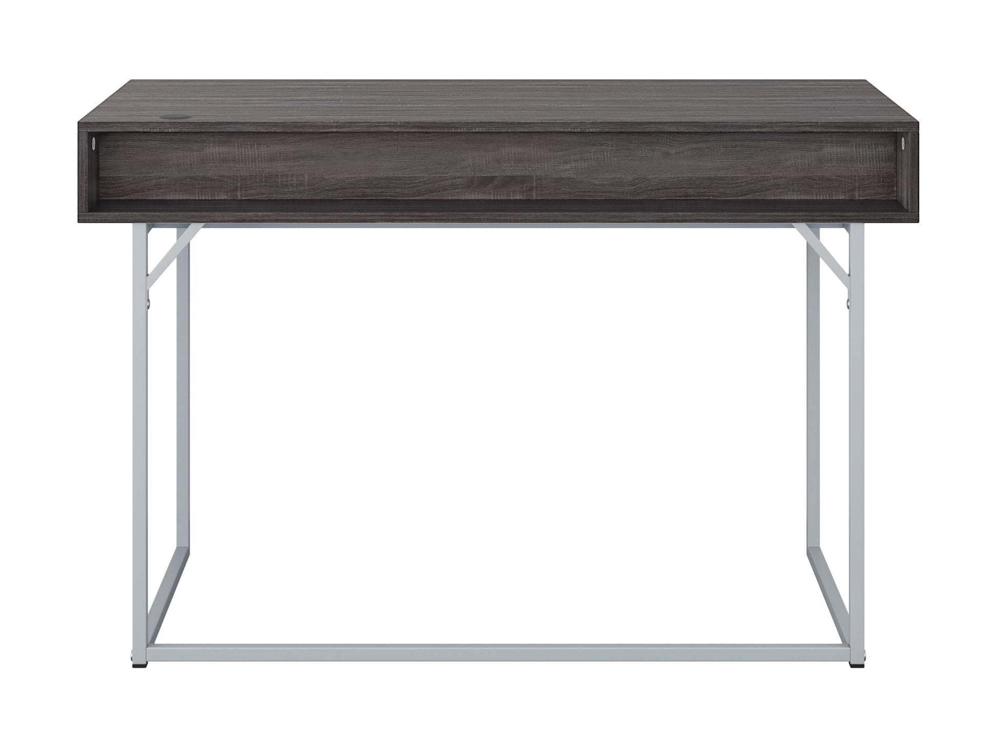 Sleek modern computer desk in grey with a smooth laminate surface, sturdy metal frame, and built-in cable management, ideal for home offices or workspaces.