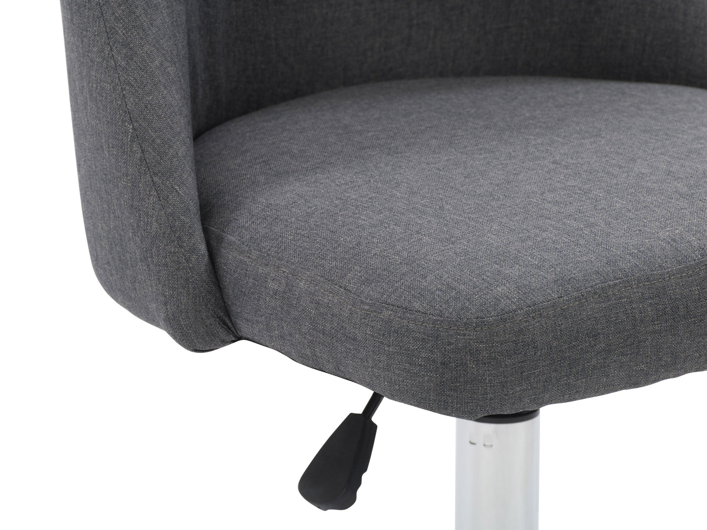 Dark grey armless task chair featuring a cushioned seat and backrest with sleek, modern design, perfect for office use. Upholstered in durable fabric, supported by a sturdy metal base with smooth-rolling casters.